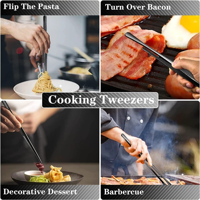 Alt view image 5 of 7 - 2 Pcs 12-Inch Kitchen Tweezers Tongs with Precision Serrated Tips, Stainless Steel Chef Tweezer Professional Cooking Tweezers for BBQ, Plating and Serving (12-Inch, Black)