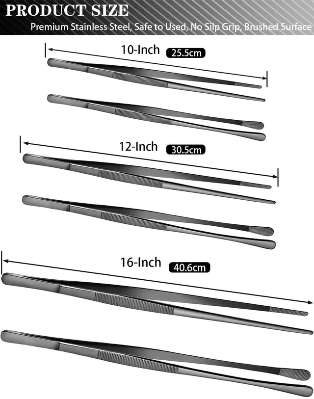 Alt view image 3 of 7 - 2 Pcs 12-Inch Kitchen Tweezers Tongs with Precision Serrated Tips, Stainless Steel Chef Tweezer Professional Cooking Tweezers for BBQ, Plating and Serving (12-Inch, Black)