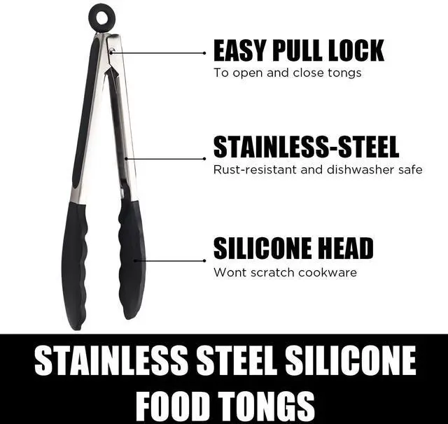 Alt view image 2 of 7 - Kitchen Tongs with Silicone Tips, Kitchen Tongs, Cooking Tongs, Premium Stainless Steel Locking Cooking Tongs, Non-Slip Food Tongs for Cooking, Heavy Duty, Non-Stick, 480, Set of 3-7"/9"/12" Black