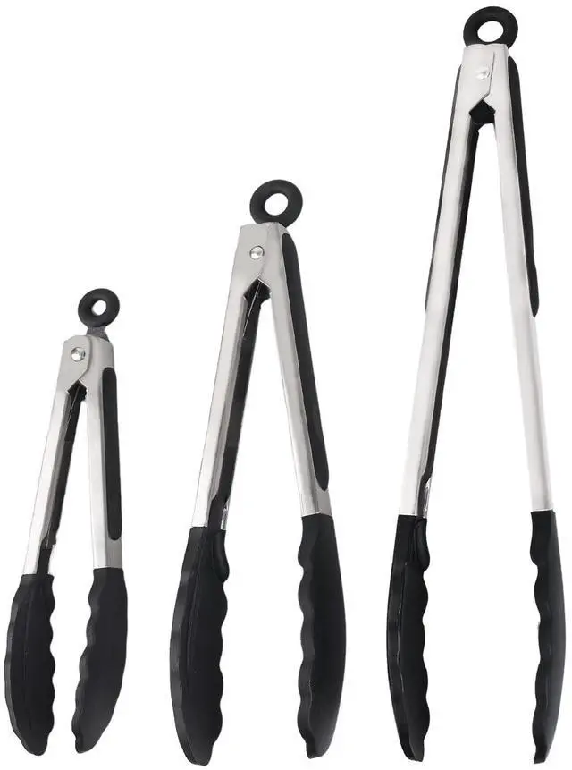 Main image of Kitchen Tongs with Silicone Tips, Kitchen Tongs, Cooking Tongs, Premium Stainless Steel Locking Cooking Tongs, Non-Slip Food Tongs for Cooking, Heavy Duty, Non-Stick, 480, Set of 3-7"/9"/12" Black