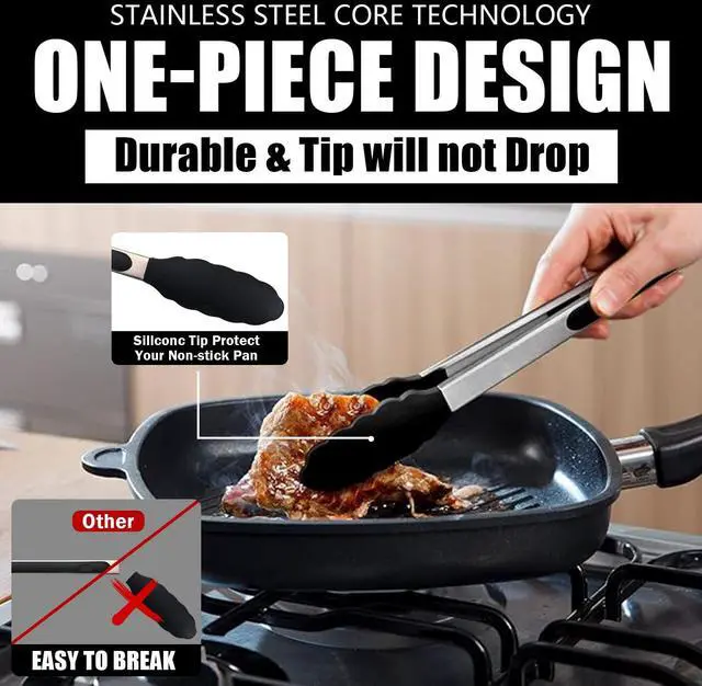 Alt view image 3 of 7 - Kitchen Tongs with Silicone Tips, Kitchen Tongs, Cooking Tongs, Premium Stainless Steel Locking Cooking Tongs, Non-Slip Food Tongs for Cooking, Heavy Duty, Non-Stick, 480, Set of 3-7"/9"/12" Black