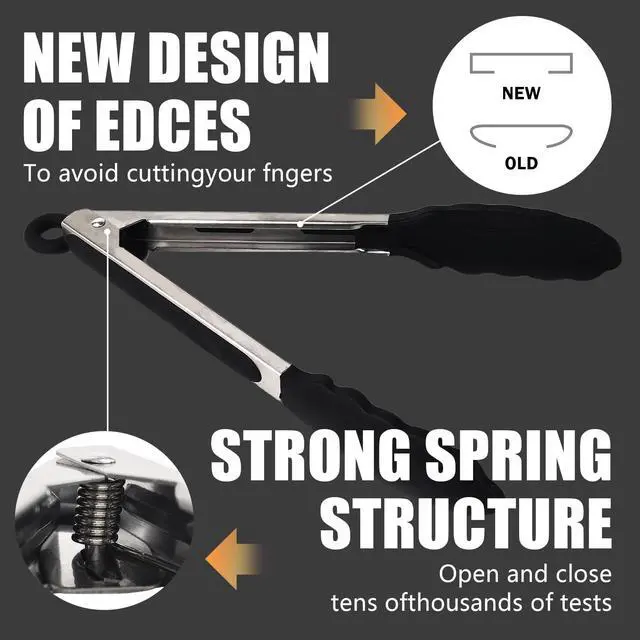 Alt view image 4 of 7 - Kitchen Tongs with Silicone Tips, Kitchen Tongs, Cooking Tongs, Premium Stainless Steel Locking Cooking Tongs, Non-Slip Food Tongs for Cooking, Heavy Duty, Non-Stick, 480, Set of 3-7"/9"/12" Black