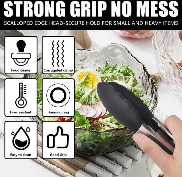 Alt view image 6 of 7 - Kitchen Tongs with Silicone Tips, Kitchen Tongs, Cooking Tongs, Premium Stainless Steel Locking Cooking Tongs, Non-Slip Food Tongs for Cooking, Heavy Duty, Non-Stick, 480, Set of 3-7"/9"/12" Black