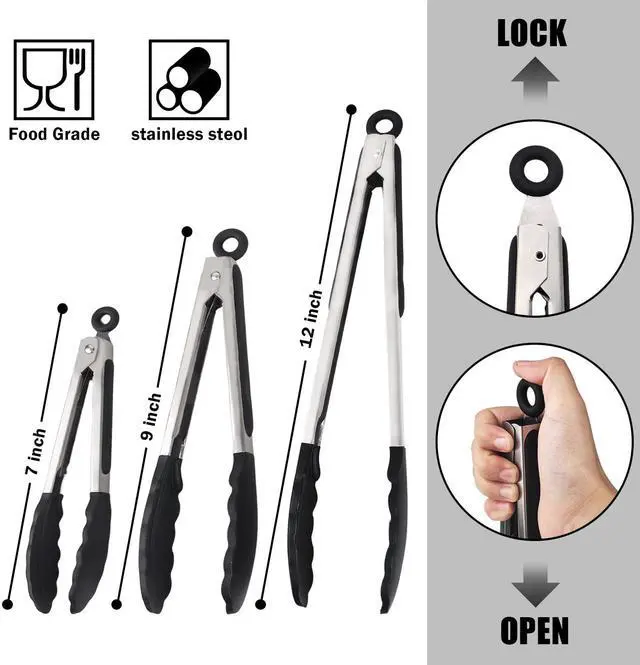 Alt view image 5 of 7 - Kitchen Tongs with Silicone Tips, Kitchen Tongs, Cooking Tongs, Premium Stainless Steel Locking Cooking Tongs, Non-Slip Food Tongs for Cooking, Heavy Duty, Non-Stick, 480, Set of 3-7"/9"/12" Black