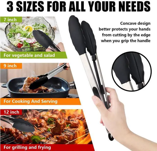 Alt view image 7 of 7 - Kitchen Tongs with Silicone Tips, Kitchen Tongs, Cooking Tongs, Premium Stainless Steel Locking Cooking Tongs, Non-Slip Food Tongs for Cooking, Heavy Duty, Non-Stick, 480, Set of 3-7"/9"/12" Black