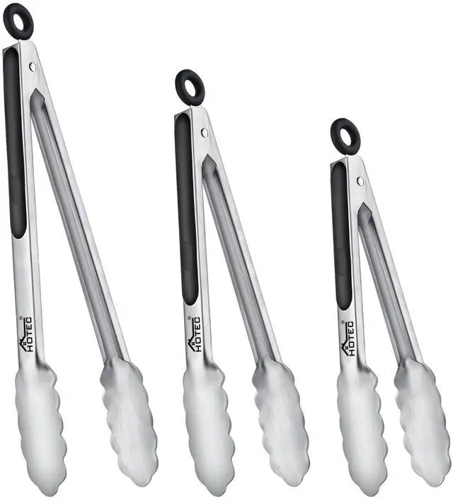 Main image of Stainless Steel Kitchen Tongs, Locking Metal Food Tongs for Cooking, Serving, BBQ, Grill & Air Fryer with Non-Slip Grip, Set of 3-7", 9" and 12"