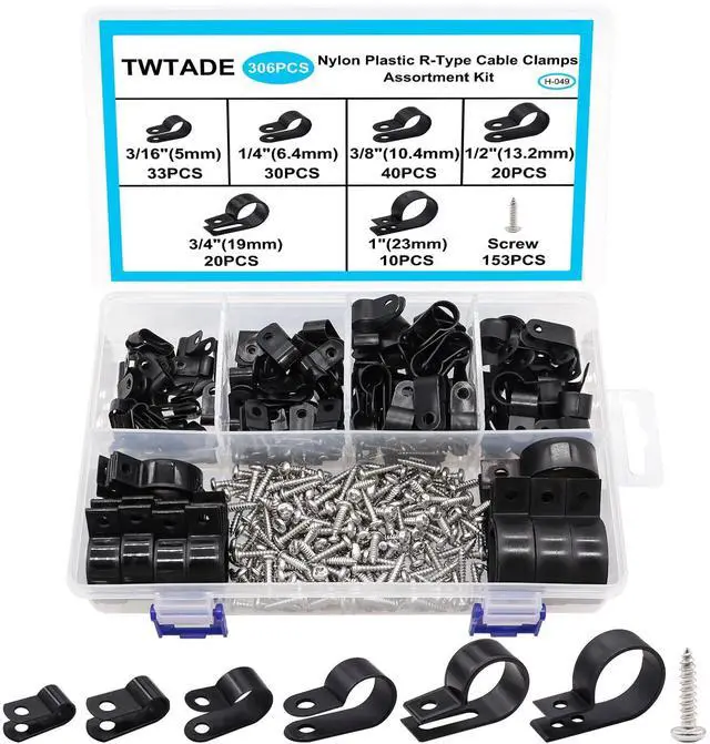 Main image of 306PCS Black Cable Clamps Nylon Plastic R-Type 6 Sizes 3/16'' 1/4'' 3/8'' 1/2'' 3/4'' 1'' Cable Mounting Wire Clips Assortment Kit with Screws for Wire Management H-049