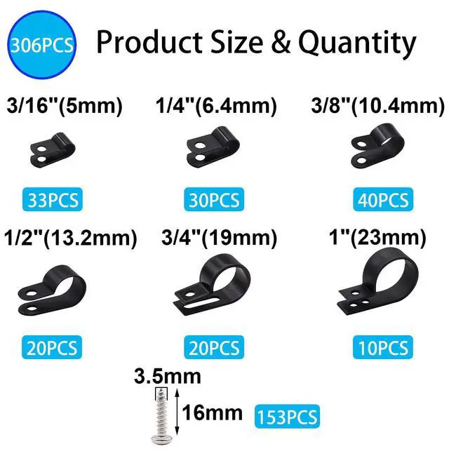 Alt view image 2 of 6 - 306PCS Black Cable Clamps Nylon Plastic R-Type 6 Sizes 3/16'' 1/4'' 3/8'' 1/2'' 3/4'' 1'' Cable Mounting Wire Clips Assortment Kit with Screws for Wire Management H-049