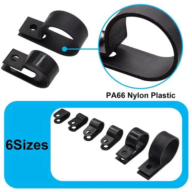Alt view image 3 of 6 - 306PCS Black Cable Clamps Nylon Plastic R-Type 6 Sizes 3/16'' 1/4'' 3/8'' 1/2'' 3/4'' 1'' Cable Mounting Wire Clips Assortment Kit with Screws for Wire Management H-049