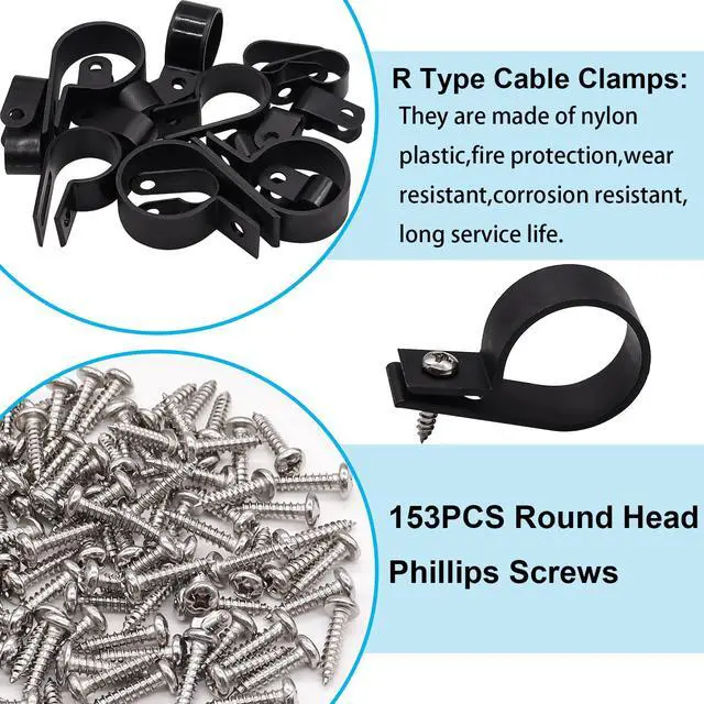 Alt view image 4 of 6 - 306PCS Black Cable Clamps Nylon Plastic R-Type 6 Sizes 3/16'' 1/4'' 3/8'' 1/2'' 3/4'' 1'' Cable Mounting Wire Clips Assortment Kit with Screws for Wire Management H-049