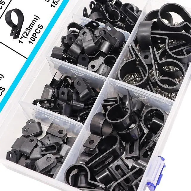Alt view image 6 of 6 - 306PCS Black Cable Clamps Nylon Plastic R-Type 6 Sizes 3/16'' 1/4'' 3/8'' 1/2'' 3/4'' 1'' Cable Mounting Wire Clips Assortment Kit with Screws for Wire Management H-049