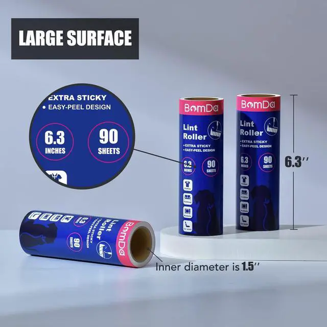 Alt view image 2 of 6 - Extra Sticky Large Surface Lint Roller, 6.3''Wide Roller for Pet Hair | Long Handle Lint Remover for Couch, Furniture, Clothes, Dog & Cat Hair Remover (4 Refills / 360 Sheets)