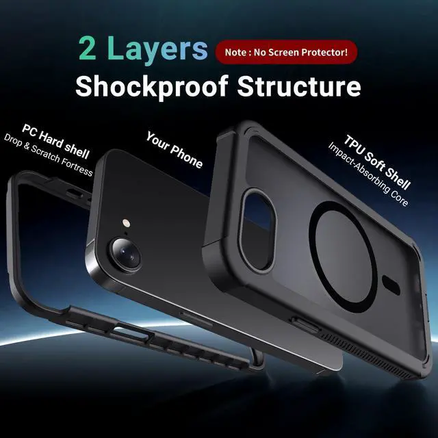 Alt view image 2 of 7 - Magnetic for iPhone 17e Case& iPhone 16e Case Black | Compatible with MagSafe,Military Grade Drop Protection,Translucent Matte,Non-Slip,Shockproof 2-Layer Durable Bumper Case