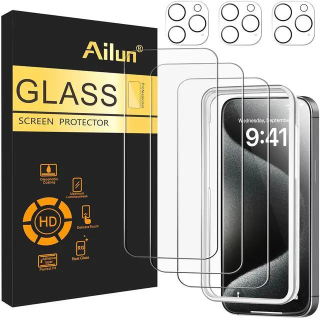 Main image of Screen Protector + Camera Lens Protector for iPhone 15 Pro Max | 3+3 Pack, 6.7 inch, Installation Frame, Case Friendly, Tempered Glass, Sensor Protection