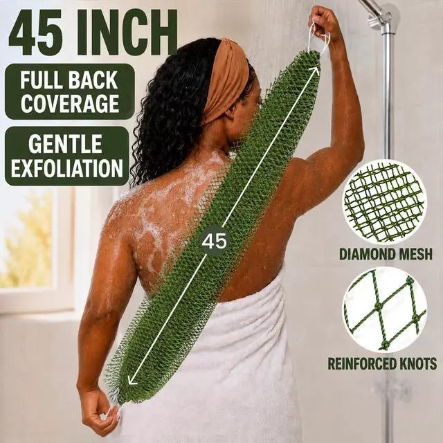 Alt view image 2 of 7 - Authentic African Net Sponge, 2 Pack 45-Inch Exfoliating Bath Sponge and Shower Loofah for Body and Back, Quick-Dry Durable Knotted Mesh Scrubber (Olive Green & Light Green)