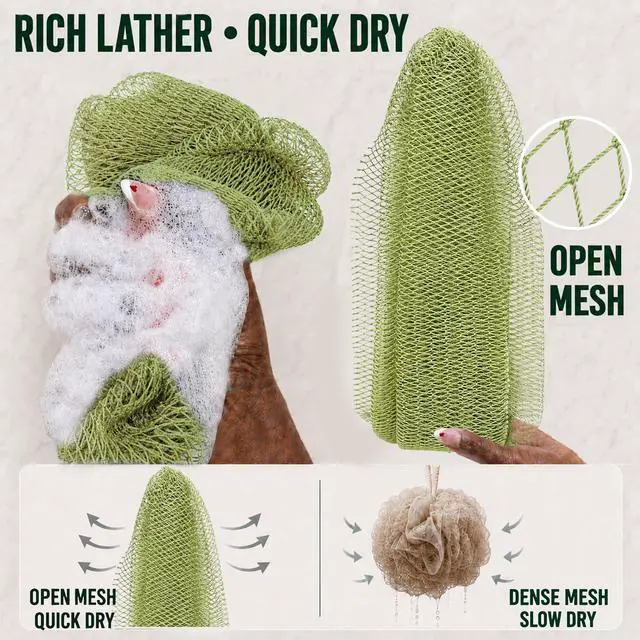 Alt view image 4 of 7 - Authentic African Net Sponge, 2 Pack 45-Inch Exfoliating Bath Sponge and Shower Loofah for Body and Back, Quick-Dry Durable Knotted Mesh Scrubber (Olive Green & Light Green)