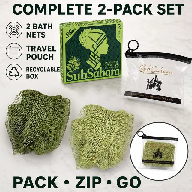 Alt view image 6 of 7 - Authentic African Net Sponge, 2 Pack 45-Inch Exfoliating Bath Sponge and Shower Loofah for Body and Back, Quick-Dry Durable Knotted Mesh Scrubber (Olive Green & Light Green)