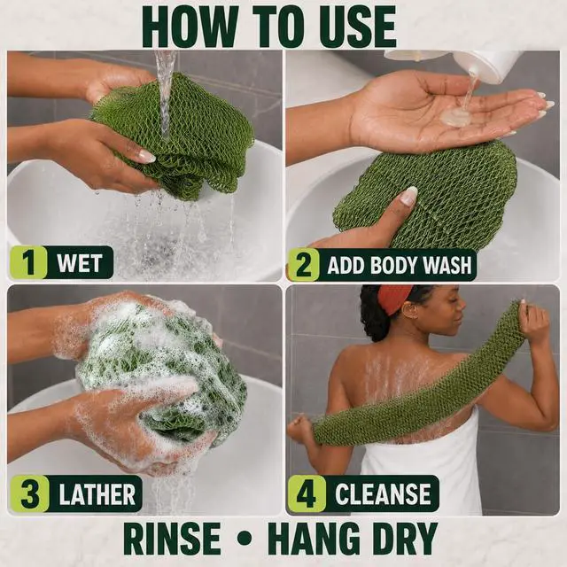 Alt view image 7 of 7 - Authentic African Net Sponge, 2 Pack 45-Inch Exfoliating Bath Sponge and Shower Loofah for Body and Back, Quick-Dry Durable Knotted Mesh Scrubber (Olive Green & Light Green)