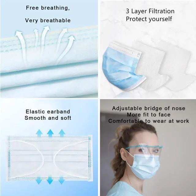 Alt view image 3 of 7 - Disposable Face Mask Individually Wrapped 50 Pack 3-layer Filter Face Masks | Soft Stretch Ear Loops, Metal Nose Wire Clip, Breathable Protection, Safety Daily Work Use, Blue Face Mask for Adults