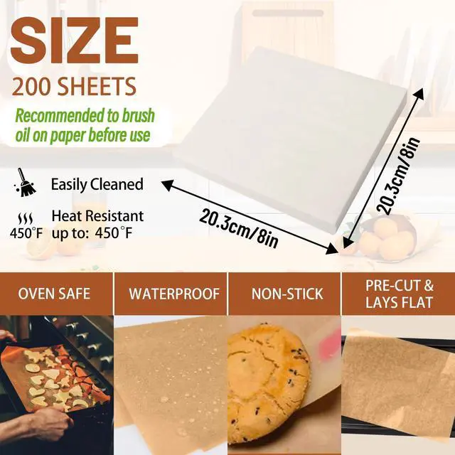 Alt view image 3 of 6 - 200 Pcs 8x8 Inch Parchment Paper Sheets,Food Grade Precut Baking Paper, Non-Stick & Greaseproof Square Pan Liners for Cake Pan, Air Fryer, Baking - White