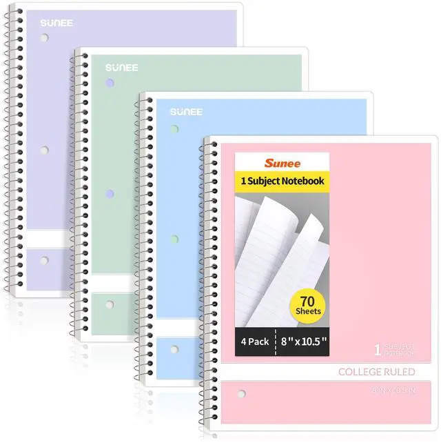 Main image of Spiral Notebooks College Ruled, 1-Subject, 4 Pack, 8 x 10-1/2 in, 70 Sheets, 3-Hole Punched 70gsm Paper, Pastel Pink, Purple, Blue, Green for School, Home & Office, Writing Journal