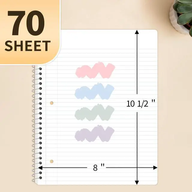 Alt view image 2 of 7 - Spiral Notebooks College Ruled, 1-Subject, 4 Pack, 8 x 10-1/2 in, 70 Sheets, 3-Hole Punched 70gsm Paper, Pastel Pink, Purple, Blue, Green for School, Home & Office, Writing Journal