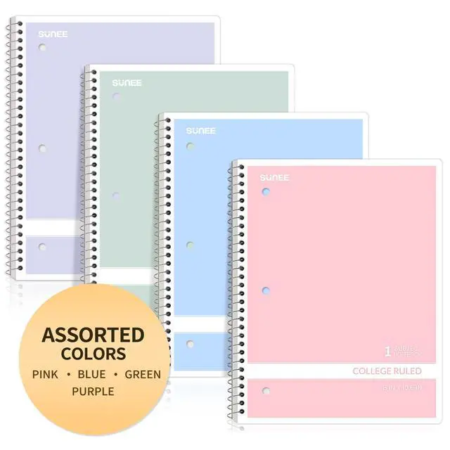 Alt view image 7 of 7 - Spiral Notebooks College Ruled, 1-Subject, 4 Pack, 8 x 10-1/2 in, 70 Sheets, 3-Hole Punched 70gsm Paper, Pastel Pink, Purple, Blue, Green for School, Home & Office, Writing Journal