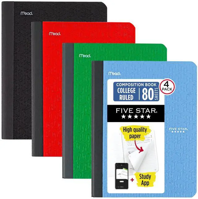 Main image of Composition Book + Study App, 4 Pack, College Ruled Paper, 7-1/2" x 9-3/4", 80 Sheets, Forest Green, Pacific Blue, Fire Red and Black (850065B-ECM)