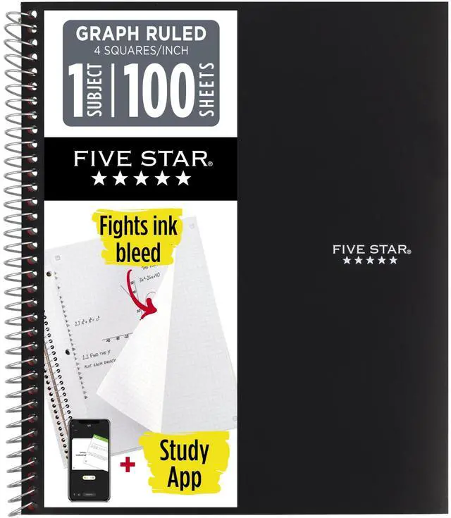Main image of Spiral Notebook + Study App, 1 Subject, Graph Ruled Paper, 8-1/2" x 11", 100 Sheets, Fights Ink Bleed, Water Resistant Cover, Black (73679)