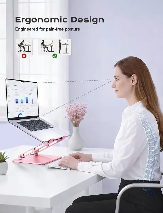 Alt view image 2 of 7 - Aluminum Laptop Stand, Adjustable Laptop Stand for Desk Foldable -Pink | Portable Laptop Riser, Ergonomic Computer Notebook Holder for Desk, Office Desk Accessories (10-15.6'')