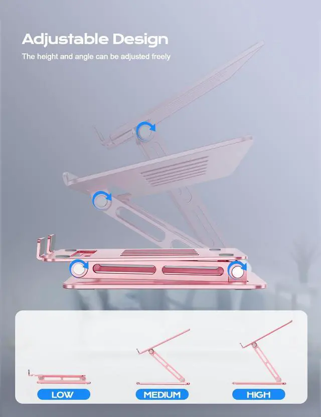 Alt view image 3 of 7 - Aluminum Laptop Stand, Adjustable Laptop Stand for Desk Foldable -Pink | Portable Laptop Riser, Ergonomic Computer Notebook Holder for Desk, Office Desk Accessories (10-15.6'')