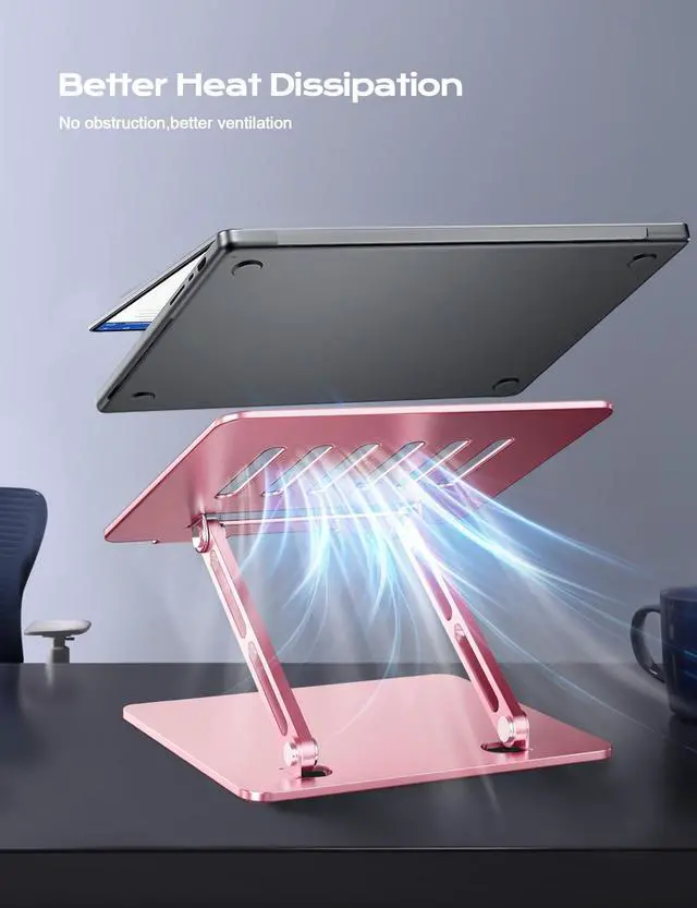 Alt view image 4 of 7 - Aluminum Laptop Stand, Adjustable Laptop Stand for Desk Foldable -Pink | Portable Laptop Riser, Ergonomic Computer Notebook Holder for Desk, Office Desk Accessories (10-15.6'')