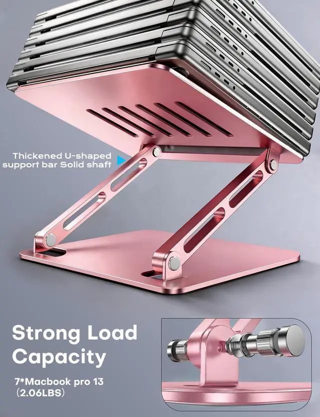 Alt view image 5 of 7 - Aluminum Laptop Stand, Adjustable Laptop Stand for Desk Foldable -Pink | Portable Laptop Riser, Ergonomic Computer Notebook Holder for Desk, Office Desk Accessories (10-15.6'')
