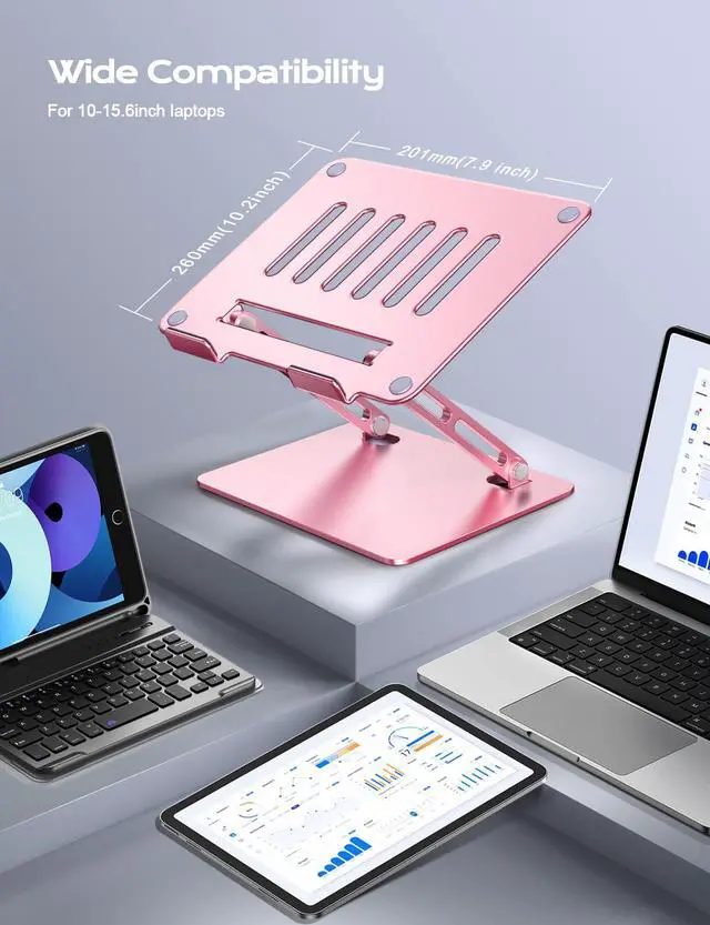 Alt view image 6 of 7 - Aluminum Laptop Stand, Adjustable Laptop Stand for Desk Foldable -Pink | Portable Laptop Riser, Ergonomic Computer Notebook Holder for Desk, Office Desk Accessories (10-15.6'')