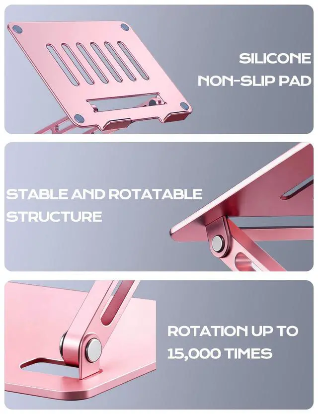 Alt view image 7 of 7 - Aluminum Laptop Stand, Adjustable Laptop Stand for Desk Foldable -Pink | Portable Laptop Riser, Ergonomic Computer Notebook Holder for Desk, Office Desk Accessories (10-15.6'')