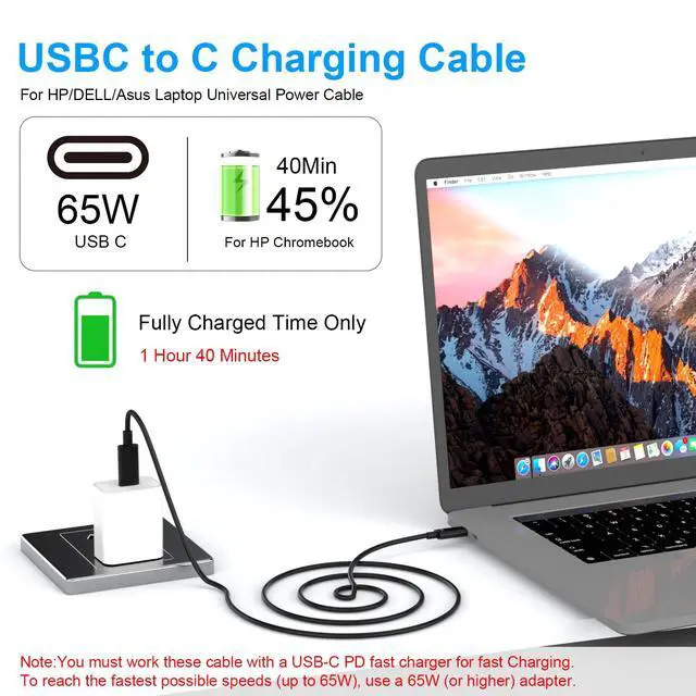 Alt view image 2 of 7 - 6FT USB C to USB C Charging Cable 65W Laptop Charger Cord,Black | Type C Charging Cord for HP Spectre Envy/DELL/Chromebook/Thinkpad/Acerfor Samsung/Mac Laptop Computer Power Cable Replacement