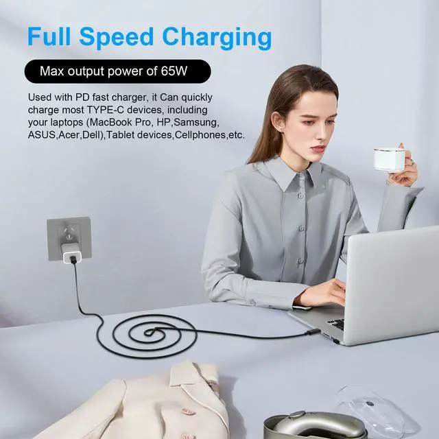 Alt view image 4 of 7 - 6FT USB C to USB C Charging Cable 65W Laptop Charger Cord,Black | Type C Charging Cord for HP Spectre Envy/DELL/Chromebook/Thinkpad/Acerfor Samsung/Mac Laptop Computer Power Cable Replacement