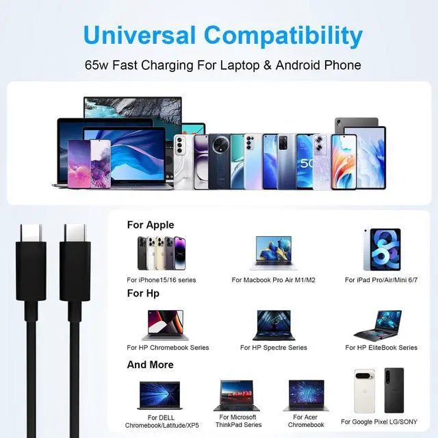 Alt view image 6 of 7 - 6FT USB C to USB C Charging Cable 65W Laptop Charger Cord,Black | Type C Charging Cord for HP Spectre Envy/DELL/Chromebook/Thinkpad/Acerfor Samsung/Mac Laptop Computer Power Cable Replacement