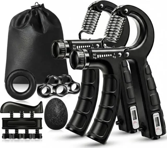 Main image of Grip Strength Trainer 6 Pack Hand Forearm Finger Workout Set | 2 Auto-Count Adjustable Grippers, Finger Trainer, Stretcher, Grip Ring, Stress Ball for Strength Training & Injury Recovery