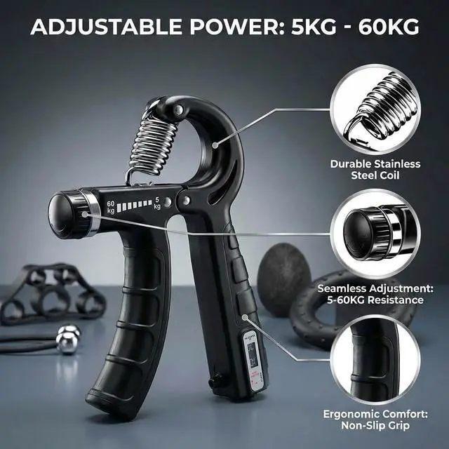 Alt view image 2 of 7 - Grip Strength Trainer 6 Pack Hand Forearm Finger Workout Set | 2 Auto-Count Adjustable Grippers, Finger Trainer, Stretcher, Grip Ring, Stress Ball for Strength Training & Injury Recovery