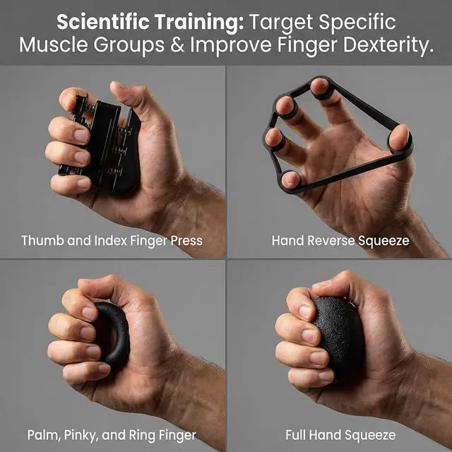 Alt view image 3 of 7 - Grip Strength Trainer 6 Pack Hand Forearm Finger Workout Set | 2 Auto-Count Adjustable Grippers, Finger Trainer, Stretcher, Grip Ring, Stress Ball for Strength Training & Injury Recovery