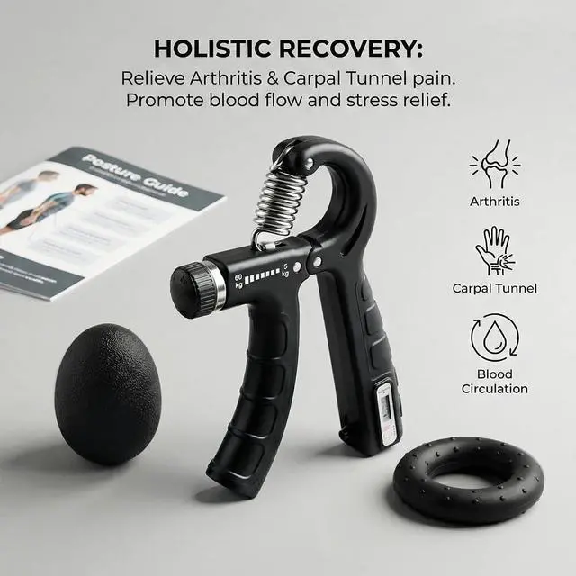 Alt view image 7 of 7 - Grip Strength Trainer 6 Pack Hand Forearm Finger Workout Set | 2 Auto-Count Adjustable Grippers, Finger Trainer, Stretcher, Grip Ring, Stress Ball for Strength Training & Injury Recovery