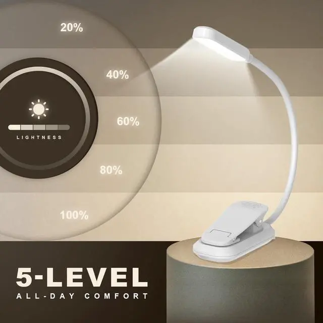Alt view image 3 of 7 - Rechargeable 20 LED Book Light for Reading in Bed | Energy Saving with Extended 60Hrs Runtime, 15-Level Stepless Dimming, Flexible Lightweight Clip on Light for Studying, Travel, White