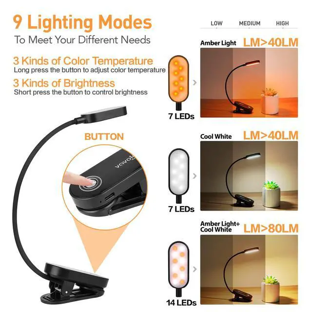 Alt view image 3 of 6 - Rechargeable Book Light, 14 LEDs Eye Care Clip On Amber Reading Light for Bookworms Reading in Bed with 9 Colors 9 Brightness(Black)