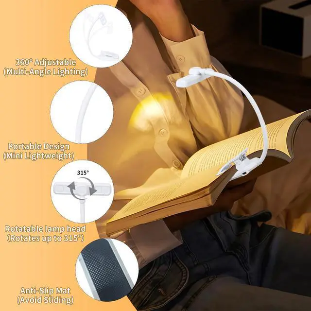 Alt view image 4 of 6 - 24 Led Rechargeable Book Light For Reading In Bed-Eye Caring 3 Color Temperatures,80 Hrs Runtime Lightweight Clip-On Lamp, Perfect For Kids, Book Lovers, And Student Gifts (White, Rotating)