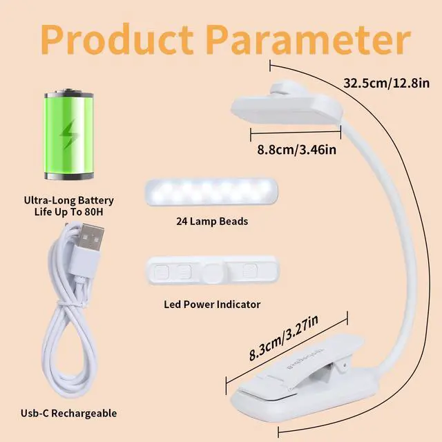 Alt view image 5 of 6 - 24 Led Rechargeable Book Light For Reading In Bed-Eye Caring 3 Color Temperatures,80 Hrs Runtime Lightweight Clip-On Lamp, Perfect For Kids, Book Lovers, And Student Gifts (White, Rotating)