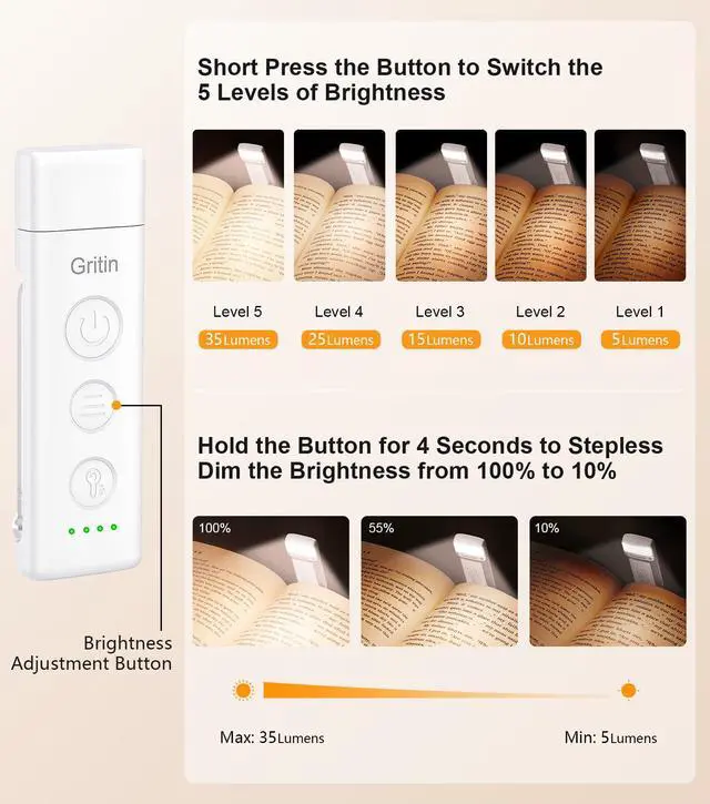 Alt view image 2 of 7 - Book Light Rechargeable, Clip on LED Reading Light for Books in Bed | Eye Caring 3-Color & 5-Brightness, Stepless Dimming, Long Lasting, Compact Size Flexible Book Lamp for Bookworms