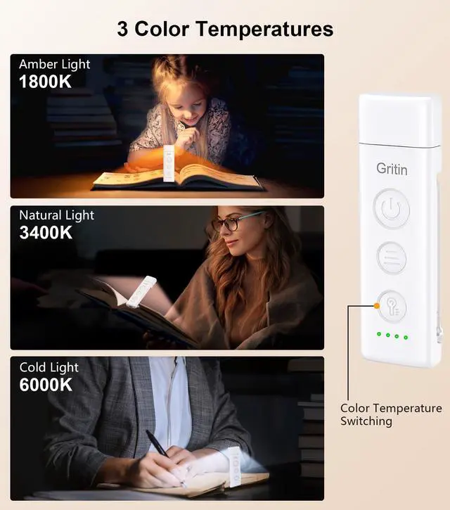 Alt view image 3 of 7 - Book Light Rechargeable, Clip on LED Reading Light for Books in Bed | Eye Caring 3-Color & 5-Brightness, Stepless Dimming, Long Lasting, Compact Size Flexible Book Lamp for Bookworms