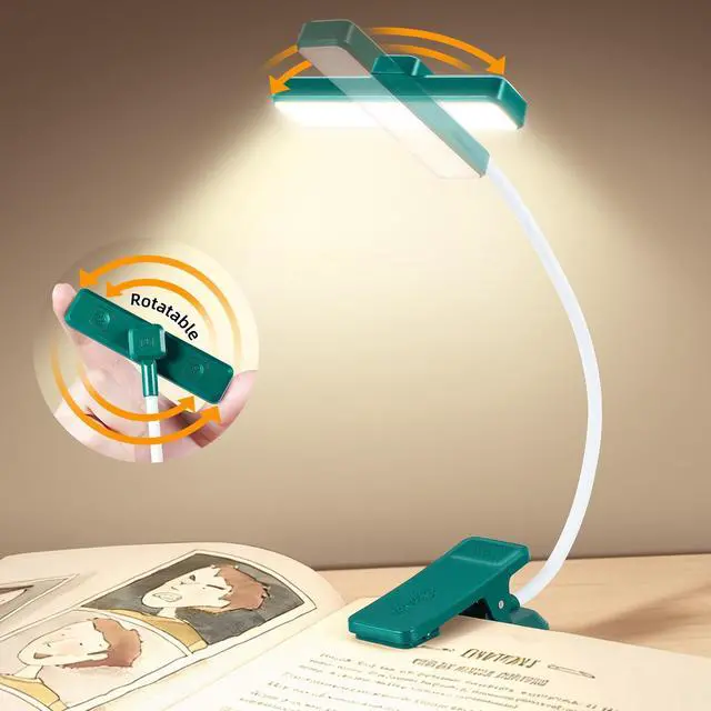Alt view image 2 of 6 - 24 LEDs Rotatable Book Light, Rechargeable Clip Reading Lamp, Green | 3 color temps, 9 dimmable levels, flicker free eye care, 120hrs runtime, lightweight clip on for night reading & bookworms