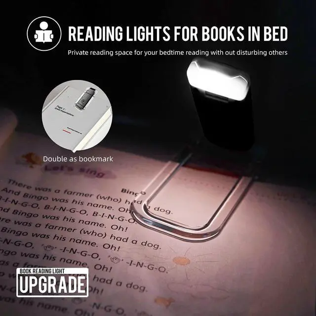 Alt view image 2 of 7 - Portable USB Rechargeable LED Clip-on Book Light for Eye-Protection, 3 Brightness Adjustable Dimmable Bookmark Light for Reading in Bed (Black)